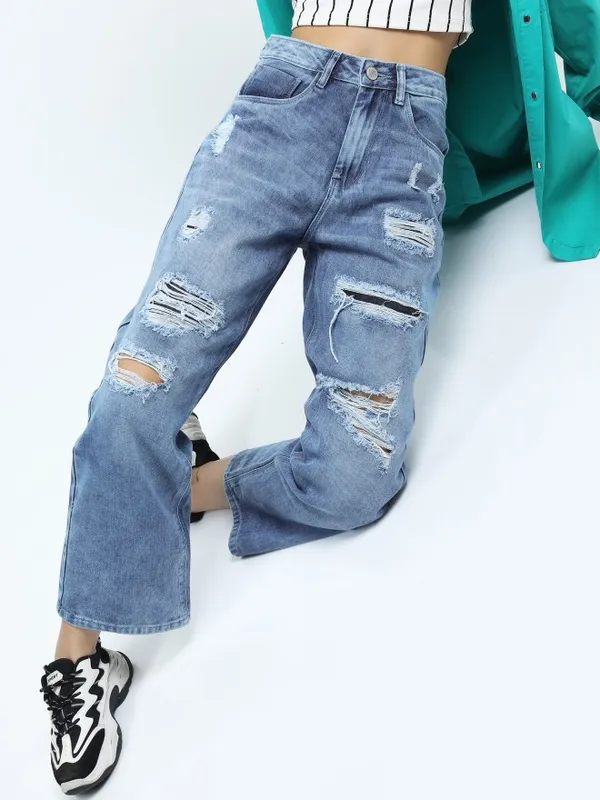  Tokyo Talkies Women Blue Wide Leg Highly Distressed Jeans