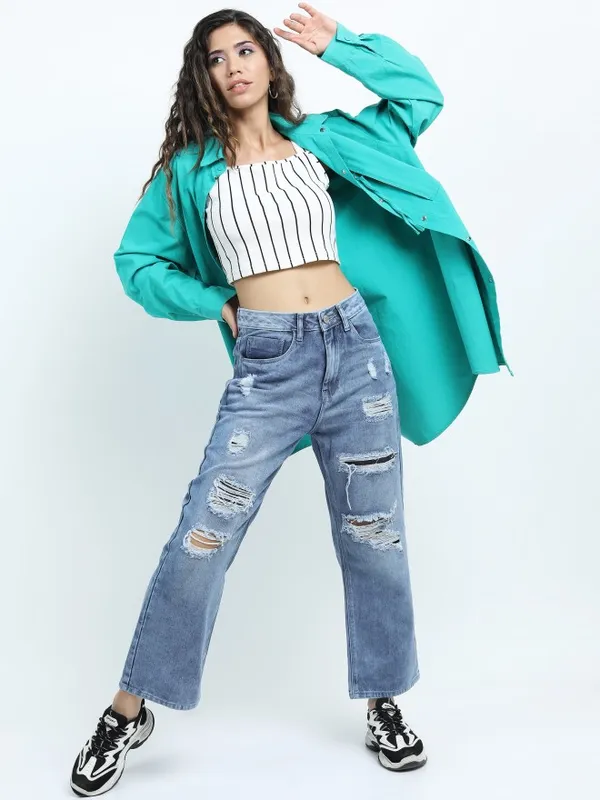  Tokyo Talkies Women Blue Wide Leg Highly Distressed Jeans