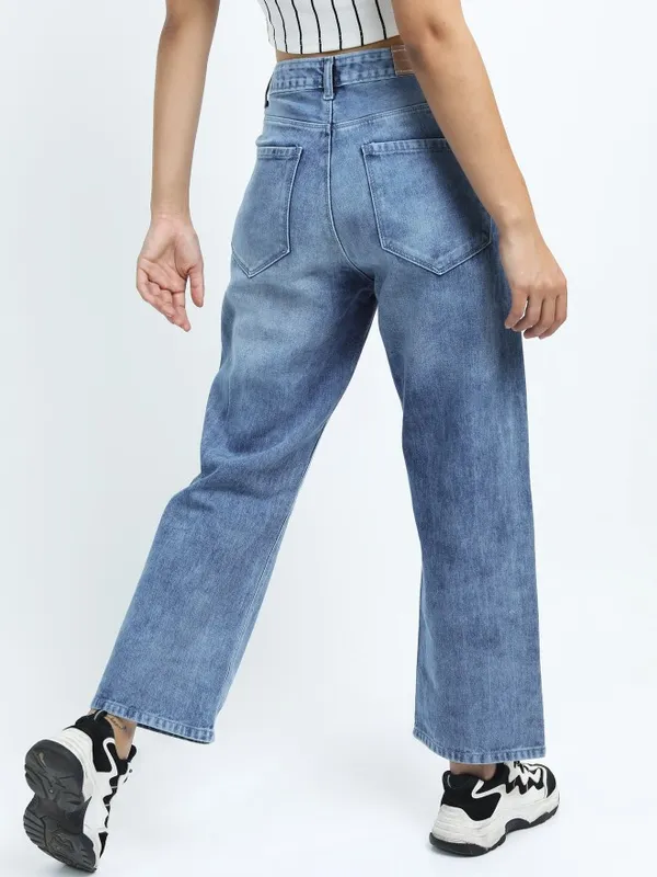  Tokyo Talkies Women Blue Wide Leg Highly Distressed Jeans