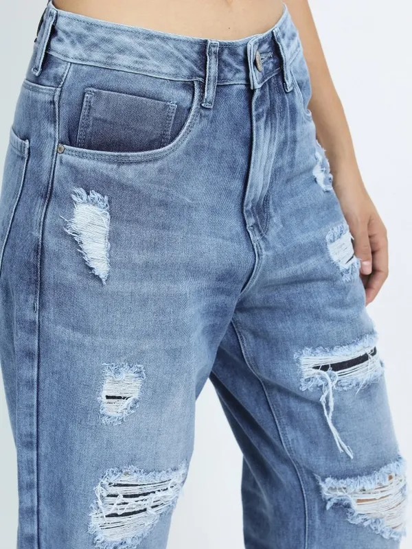  Tokyo Talkies Women Blue Wide Leg Highly Distressed Jeans