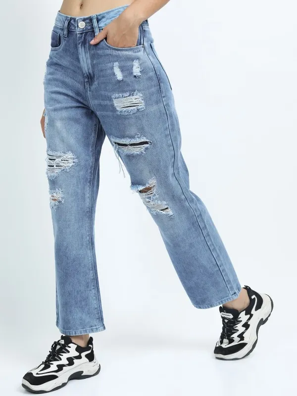  Tokyo Talkies Women Blue Wide Leg Highly Distressed Jeans