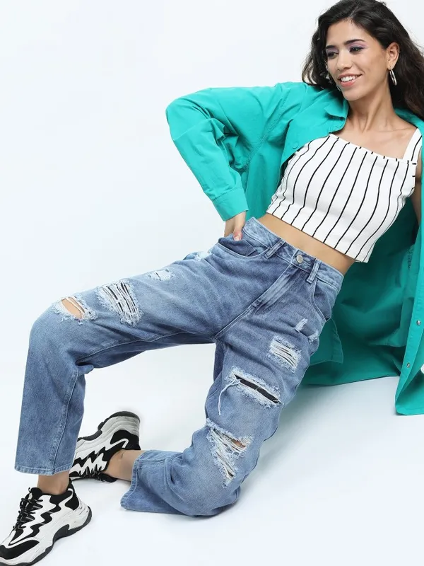 Tokyo Talkies Women Blue Wide Leg Highly Distressed Jeans