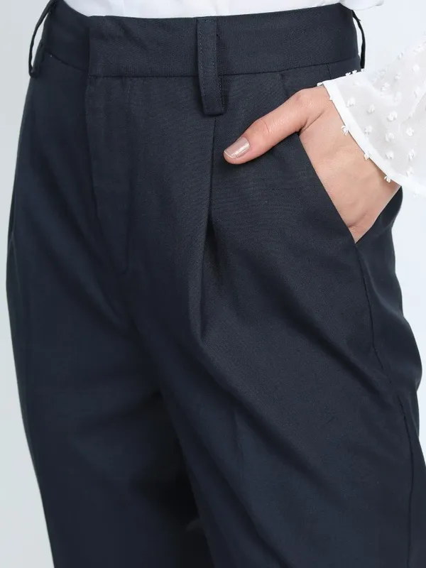  Tokyo Talkies Women Navy Blue Solid Tapered Fit Casual Trousers