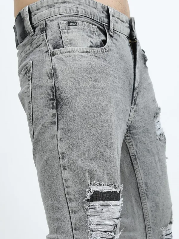 Highlander Men Grey Tapered Fit Highly Distressed Jeans