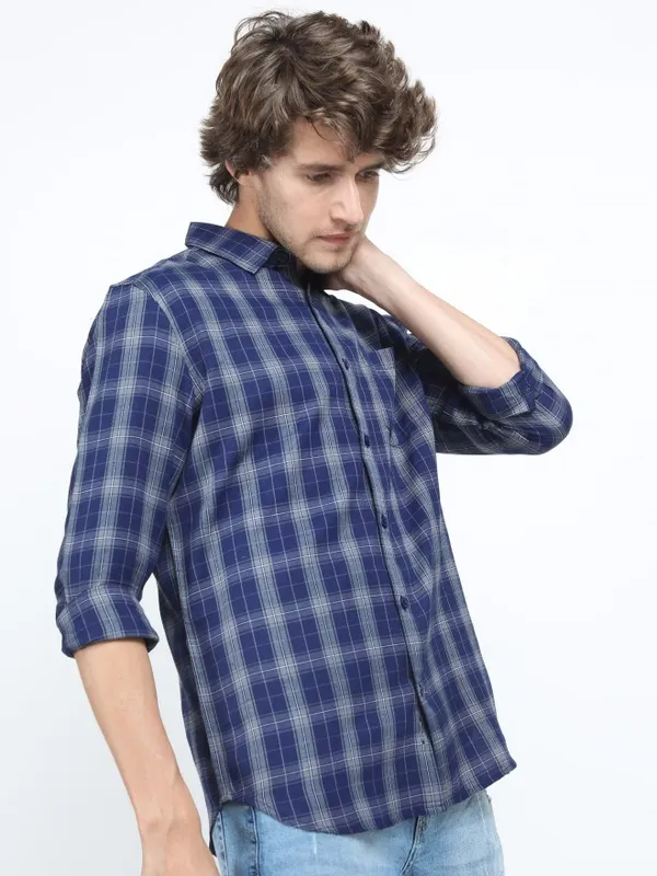  Ketch Men Navy Blue Checked Slim Fit Casual Shirts