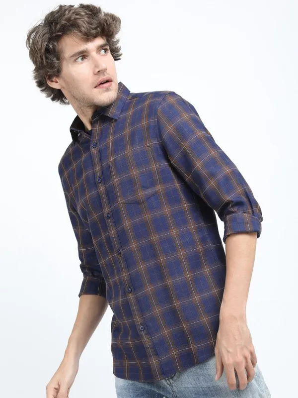  Ketch Men Navy Blue Checked Slim Fit Casual Shirts