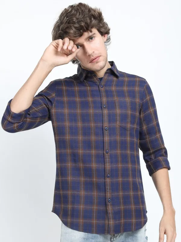 Ketch Men Navy Blue Checked Slim Fit Casual Shirts