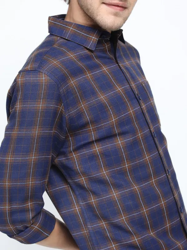  Ketch Men Navy Blue Checked Slim Fit Casual Shirts