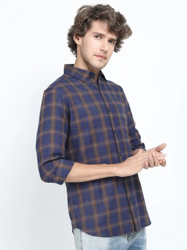  Ketch Men Navy Blue Checked Slim Fit Casual Shirts