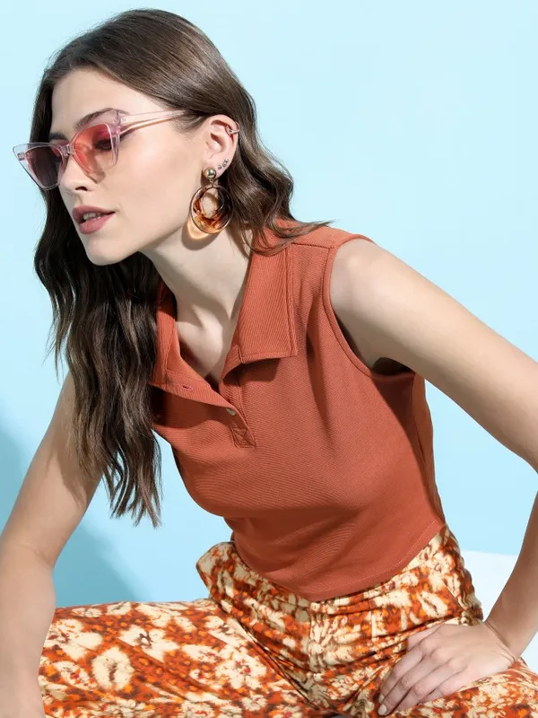  Tokyo Talkies Women Terracotta Solid Shirt Style Tops