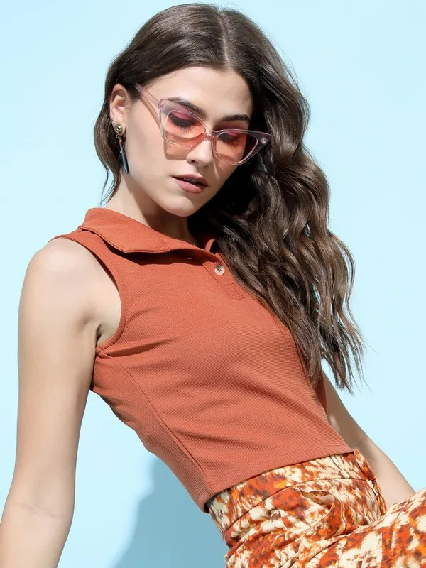  Tokyo Talkies Women Terracotta Solid Shirt Style Tops