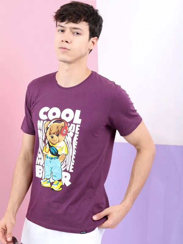  Highlander Men Purple Printed Round Neck T-Shirts