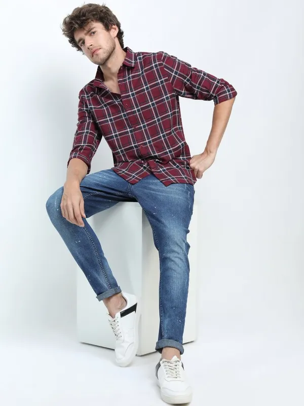  Ketch Men Red Checked Slim Fit Casual Shirts