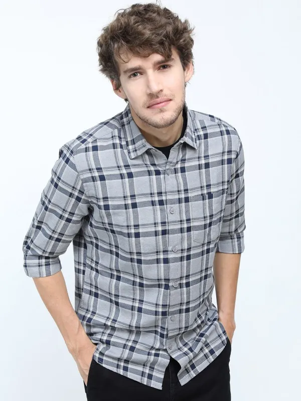  Ketch Men Grey Checked Slim Fit Casual Shirts