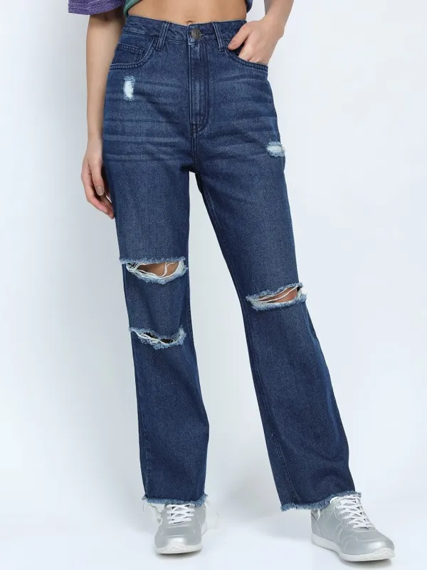  Tokyo Talkies Women Blue Straight Fit Mildly Distressed Jeans