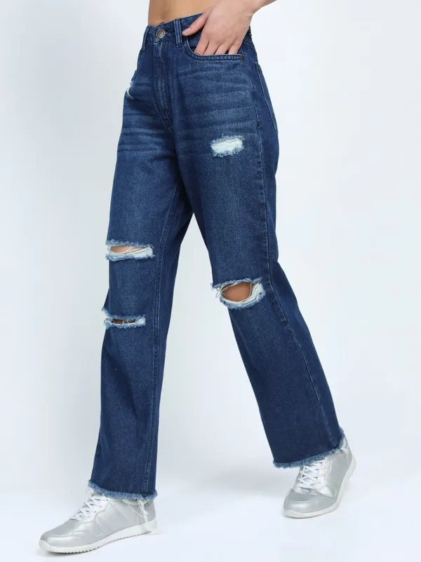  Tokyo Talkies Women Blue Straight Fit Mildly Distressed Jeans