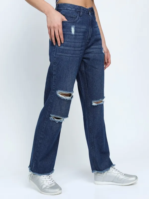 Tokyo Talkies Women Blue Straight Fit Mildly Distressed Jeans