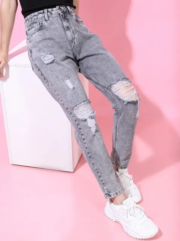  Tokyo Talkies Women Grey Straight Fit Highly Distressed Jeans