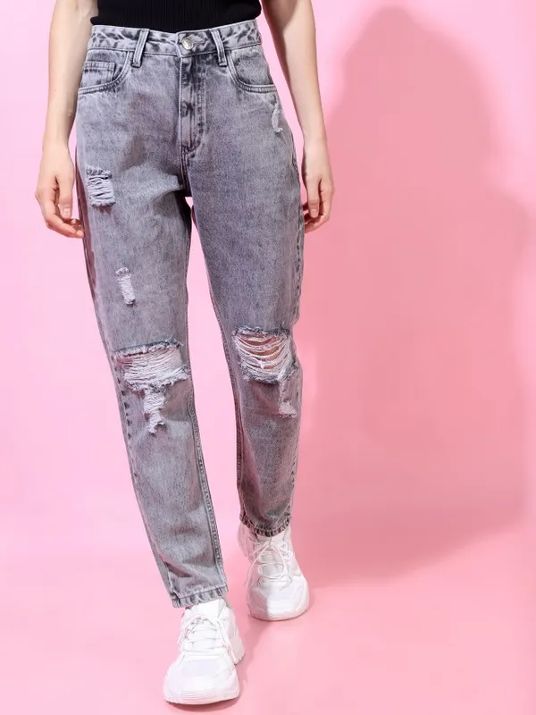  Tokyo Talkies Women Grey Straight Fit Highly Distressed Jeans