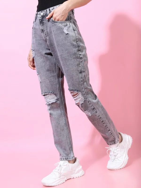  Tokyo Talkies Women Grey Straight Fit Highly Distressed Jeans