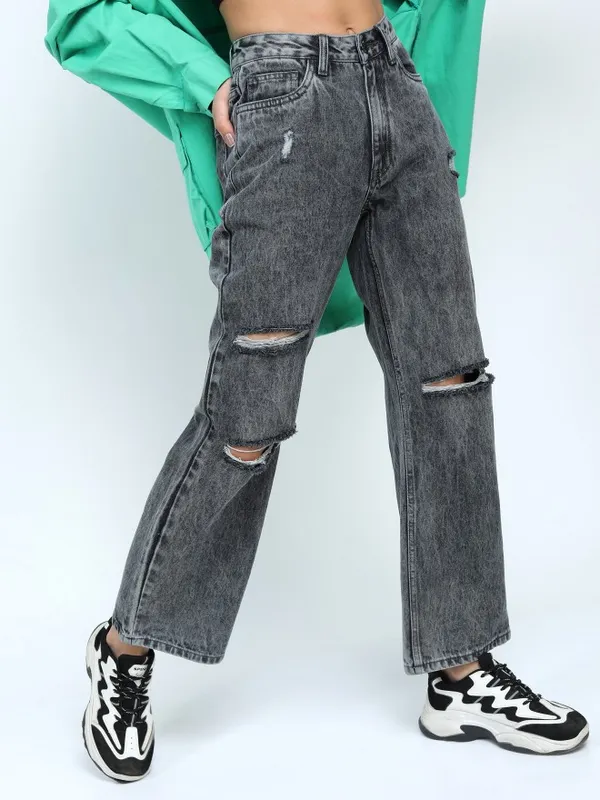  Tokyo Talkies Women Grey Straight Fit Highly Distressed Jeans