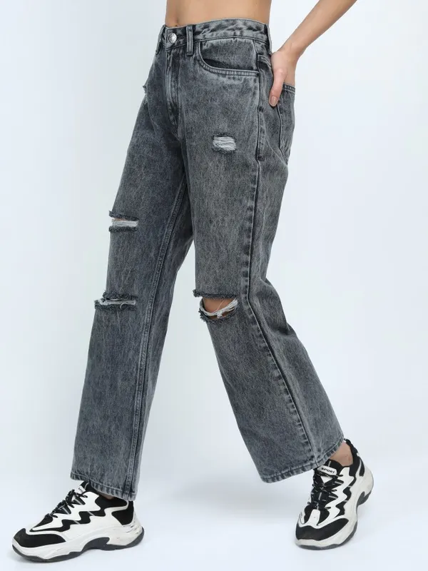  Tokyo Talkies Women Grey Straight Fit Highly Distressed Jeans