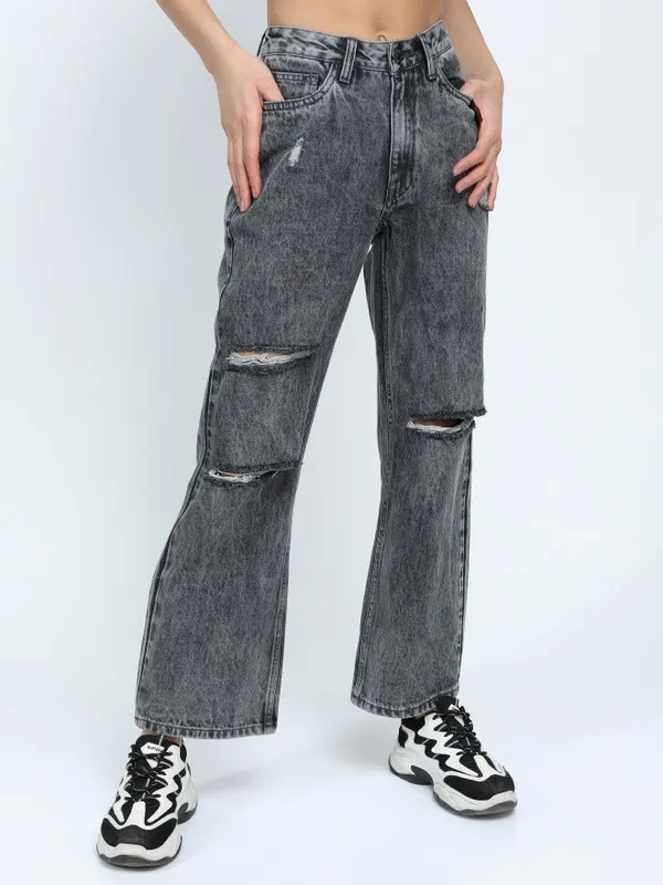  Tokyo Talkies Women Grey Straight Fit Highly Distressed Jeans