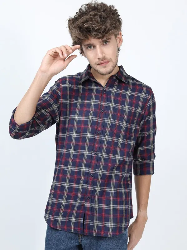  Ketch Men Navy Blue Checked Slim Fit Casual Shirts