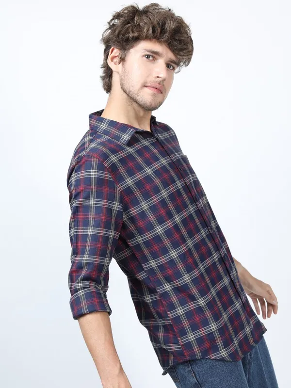  Ketch Men Navy Blue Checked Slim Fit Casual Shirts