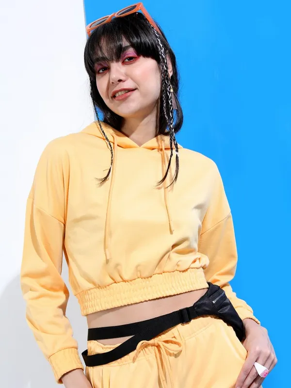 Tokyo Talkies Women Orange Solid Regular Hood Sweatshirts
