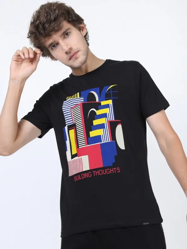  Ketch Men Black Printed Round Neck T-Shirts