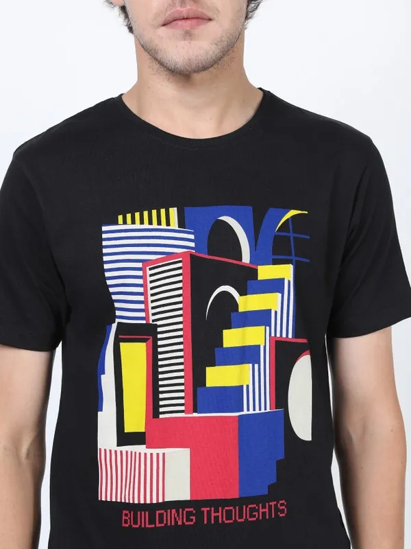  Ketch Men Black Printed Round Neck T-Shirts