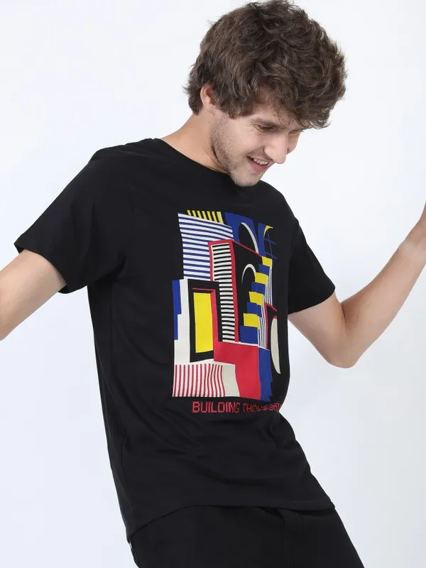  Ketch Men Black Printed Round Neck T-Shirts