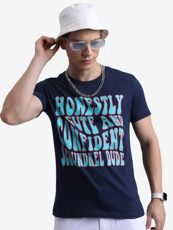  Ketch Men Navy Blue Printed Round Neck T-Shirts