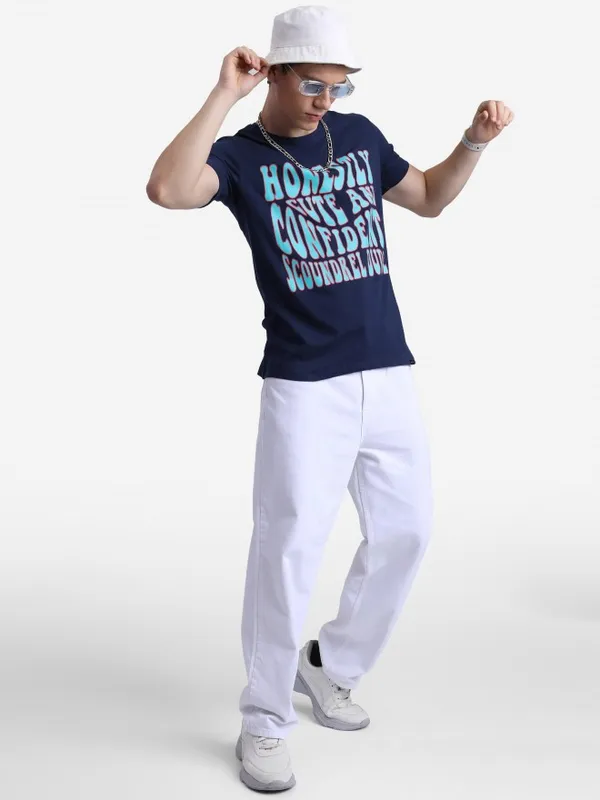  Ketch Men Navy Blue Printed Round Neck T-Shirts