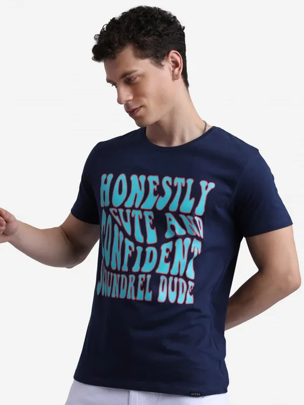  Ketch Men Navy Blue Printed Round Neck T-Shirts