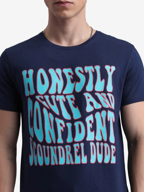  Ketch Men Navy Blue Printed Round Neck T-Shirts