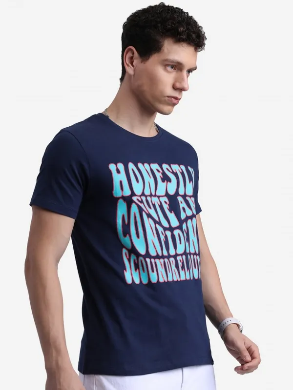  Ketch Men Navy Blue Printed Round Neck T-Shirts