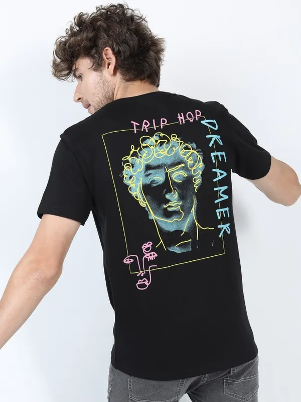  Ketch Men Black Printed Round Neck T-Shirts