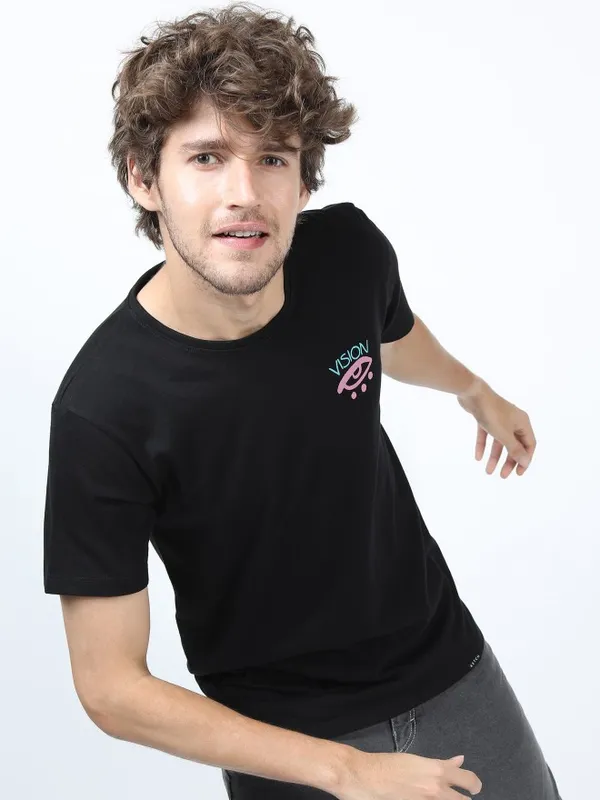  Ketch Men Black Printed Round Neck T-Shirts