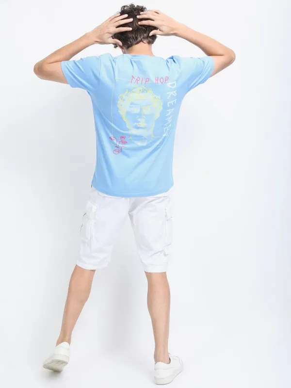  Ketch Men Blue Printed Round Neck T-Shirts