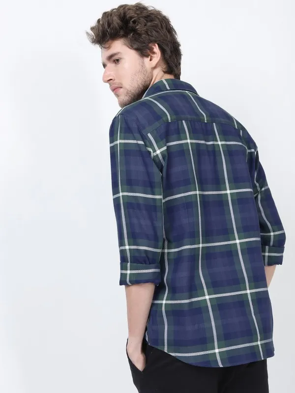  Highlander Men Navy Blue Checked Slim Fit Casual Shirts