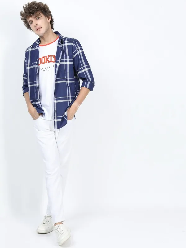  Ketch Men Navy Blue Checked Slim Fit Casual Shirts