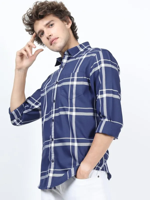  Ketch Men Navy Blue Checked Slim Fit Casual Shirts