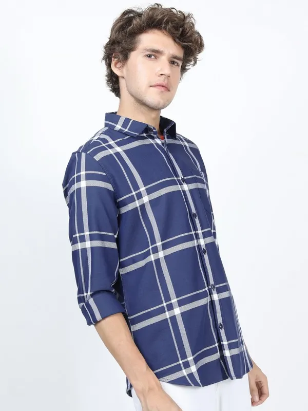 Ketch Men Navy Blue Checked Slim Fit Casual Shirts