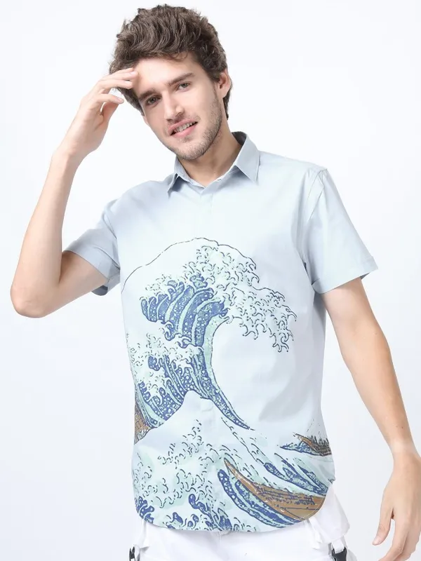  Highlander Men Blue Printed Slim Fit Casual Shirts