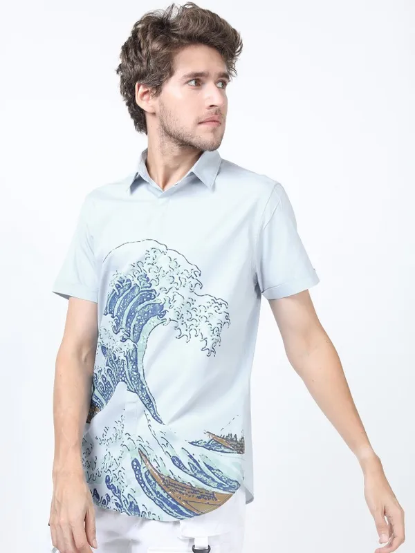  Highlander Men Blue Printed Slim Fit Casual Shirts