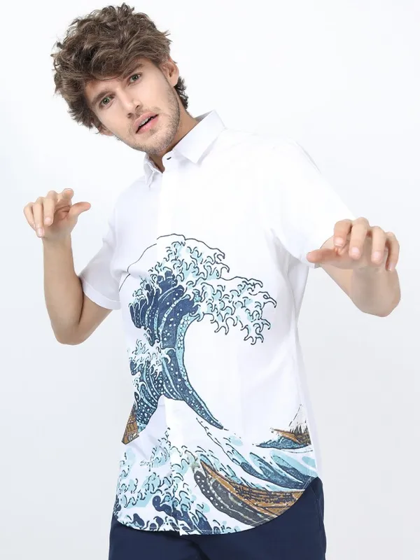  Highlander Men White Printed Slim Fit Casual Shirts