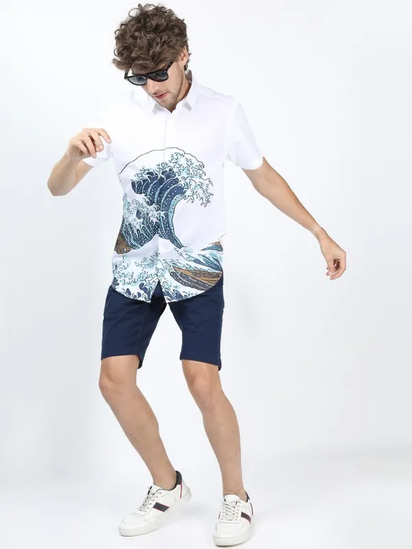  Highlander Men White Printed Slim Fit Casual Shirts