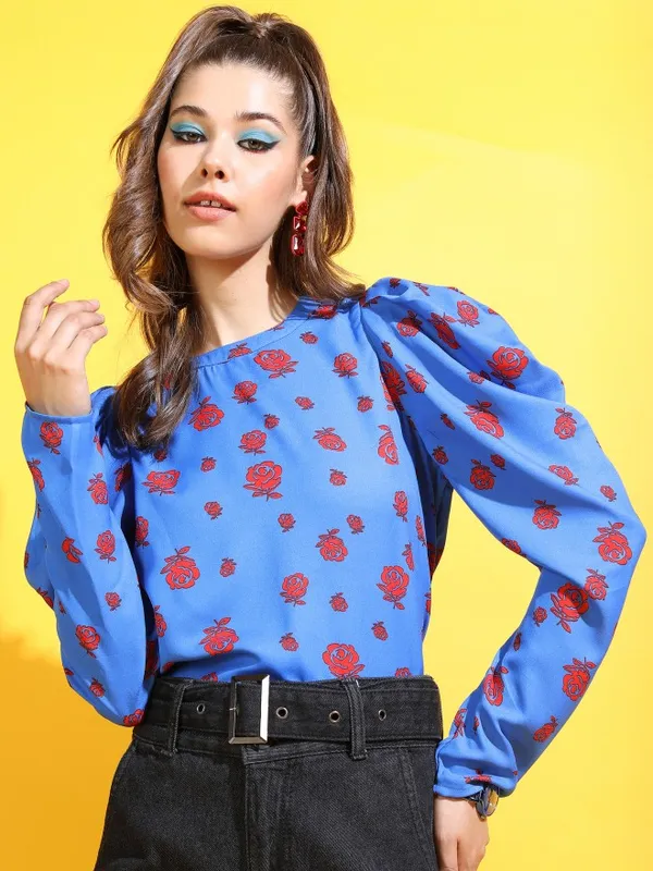  Tokyo Talkies Women Blue Printed Regular Tops